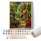 Garden Cottage Paint by Numbers Kit: complete kit with framed artwork, numbered paint pots and brushes