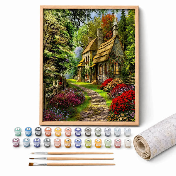 Garden Cottage Paint by Numbers Kit: complete kit with framed artwork, numbered paint pots and brushes