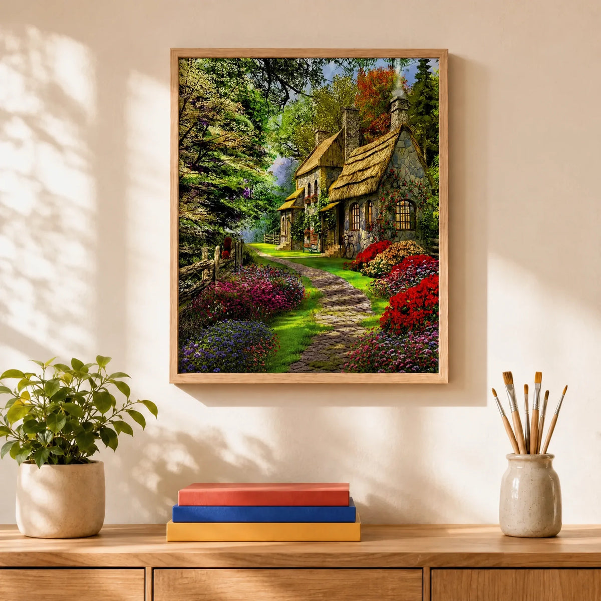 Garden Cottage Paint by Numbers Kit: finished canvas displayed in a living room