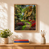 Garden Cottage Paint by Numbers Kit: finished canvas displayed in a living room