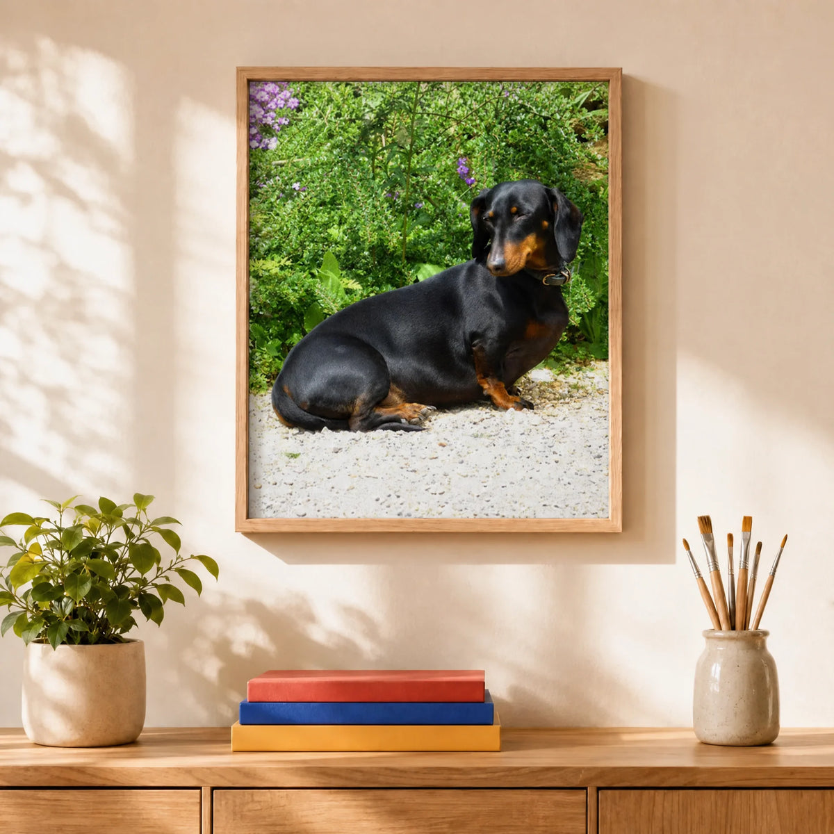 Garden Dachshund Paint by Numbers Kit: finished canvas displayed in a living room