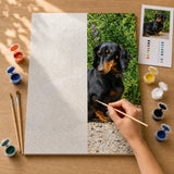 Garden Dachshund Paint by Numbers Kit: before and after: numbered canvas and hand painted result