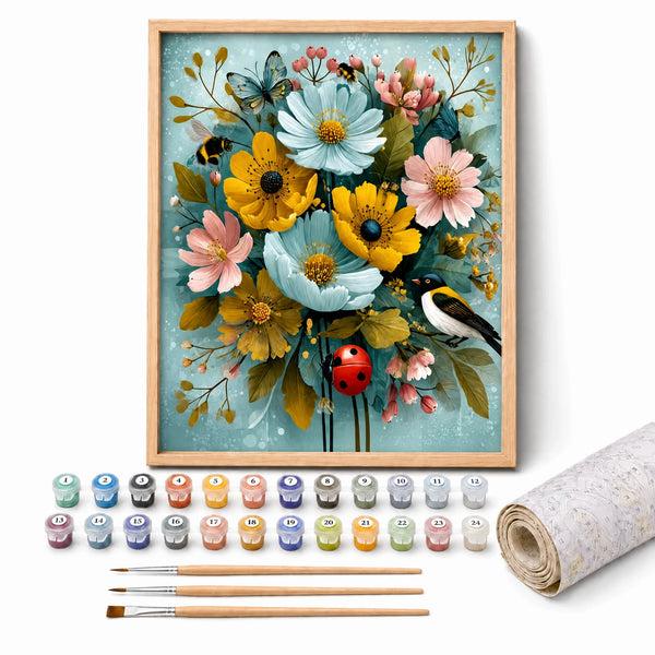 Garden Florals Paint by Numbers Kit: complete kit with framed artwork, numbered paint pots and brushes