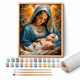 Gentle Mother Paint by Numbers Kit: complete kit with framed artwork, numbered paint pots and brushes