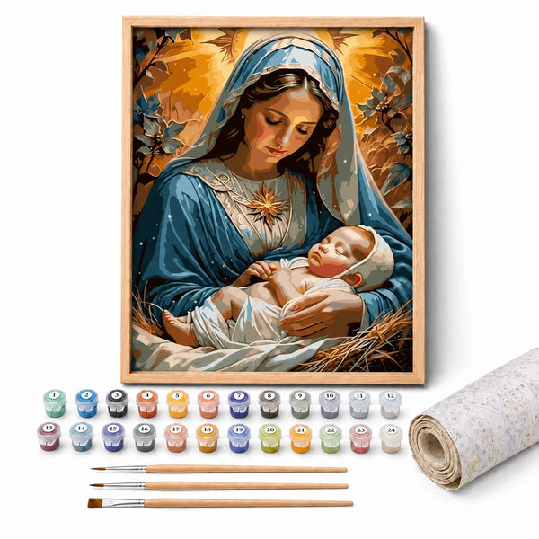 Gentle Mother Paint by Numbers Kit: complete kit with framed artwork, numbered paint pots and brushes