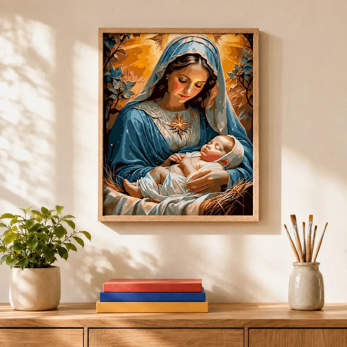 Gentle Mother Paint by Numbers Kit: finished canvas displayed in a living room
