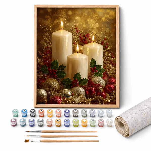 Golden Candlelight Paint by Numbers Kit: complete kit with framed artwork, numbered paint pots and brushes