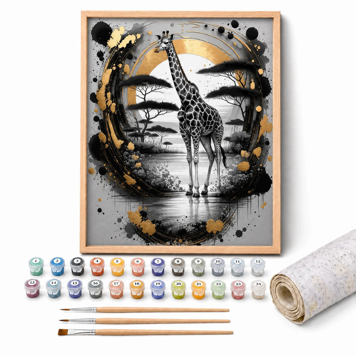 Golden Ink Giraffe Paint by Numbers Kit: complete kit with framed artwork, numbered paint pots and brushes