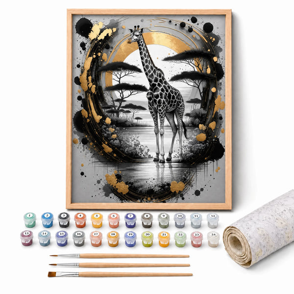 Golden Ink Giraffe Paint by Numbers Kit: complete kit with framed artwork, numbered paint pots and brushes