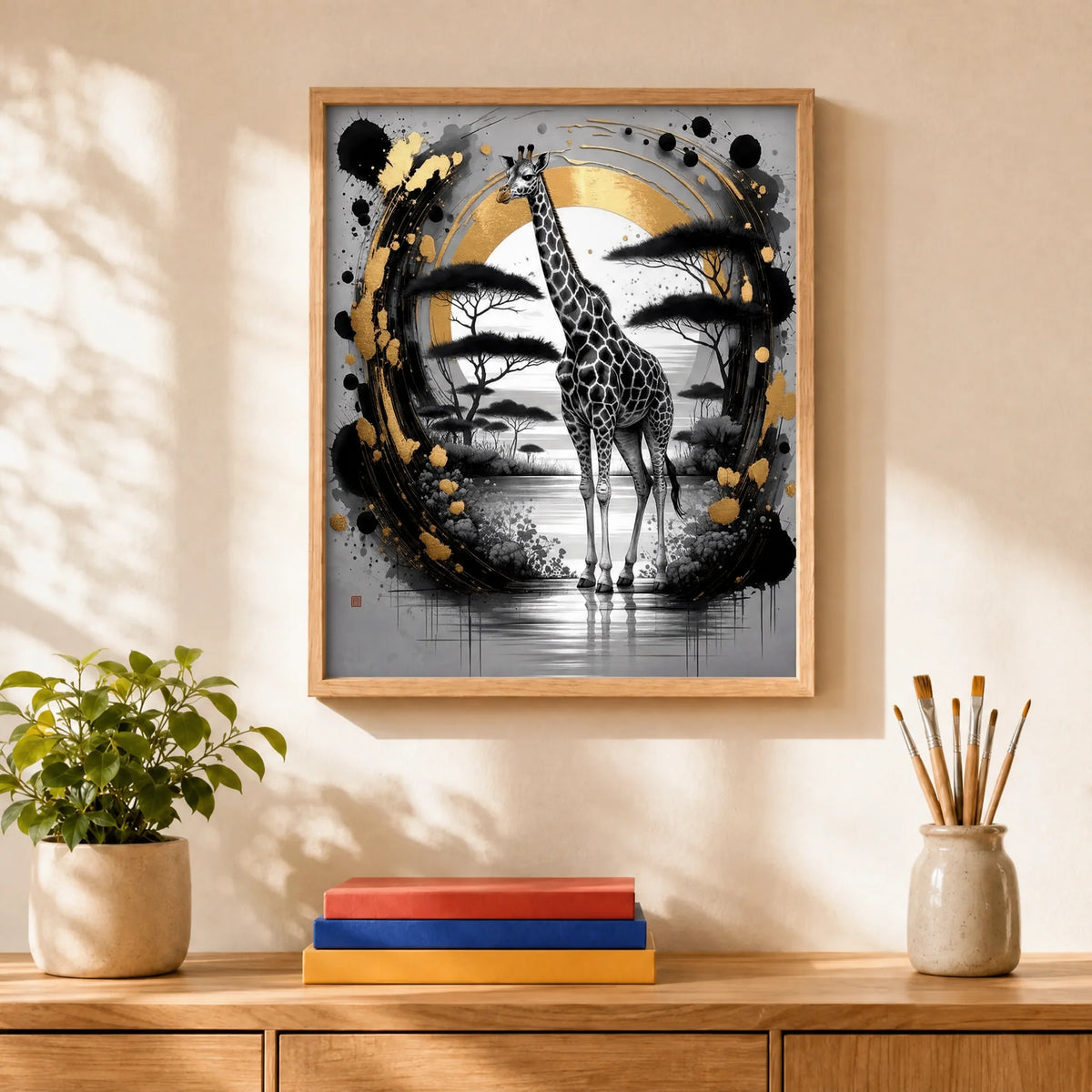 Golden Ink Giraffe Paint by Numbers Kit: finished canvas displayed in a living room