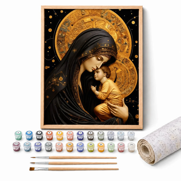 Golden Madonna Paint by Numbers Kit: complete kit with framed artwork, numbered paint pots and brushes