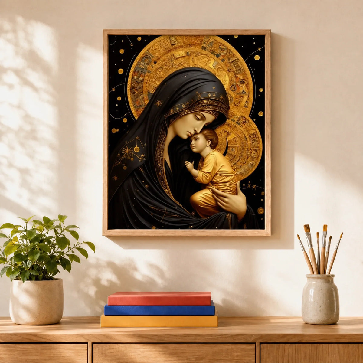 Golden Madonna Paint by Numbers Kit: finished canvas displayed in a living room