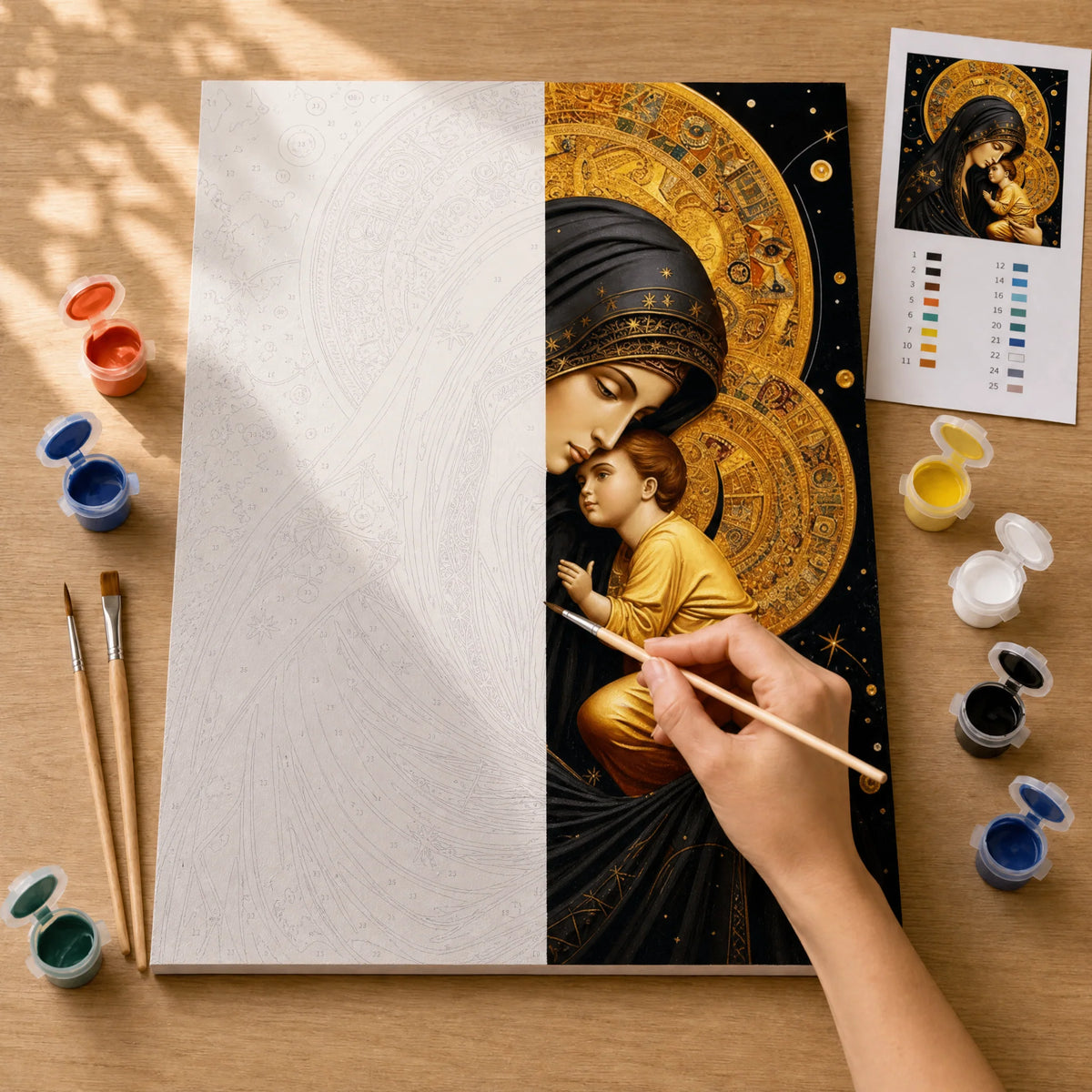 Golden Madonna Paint by Numbers Kit: before and after: numbered canvas and hand painted result