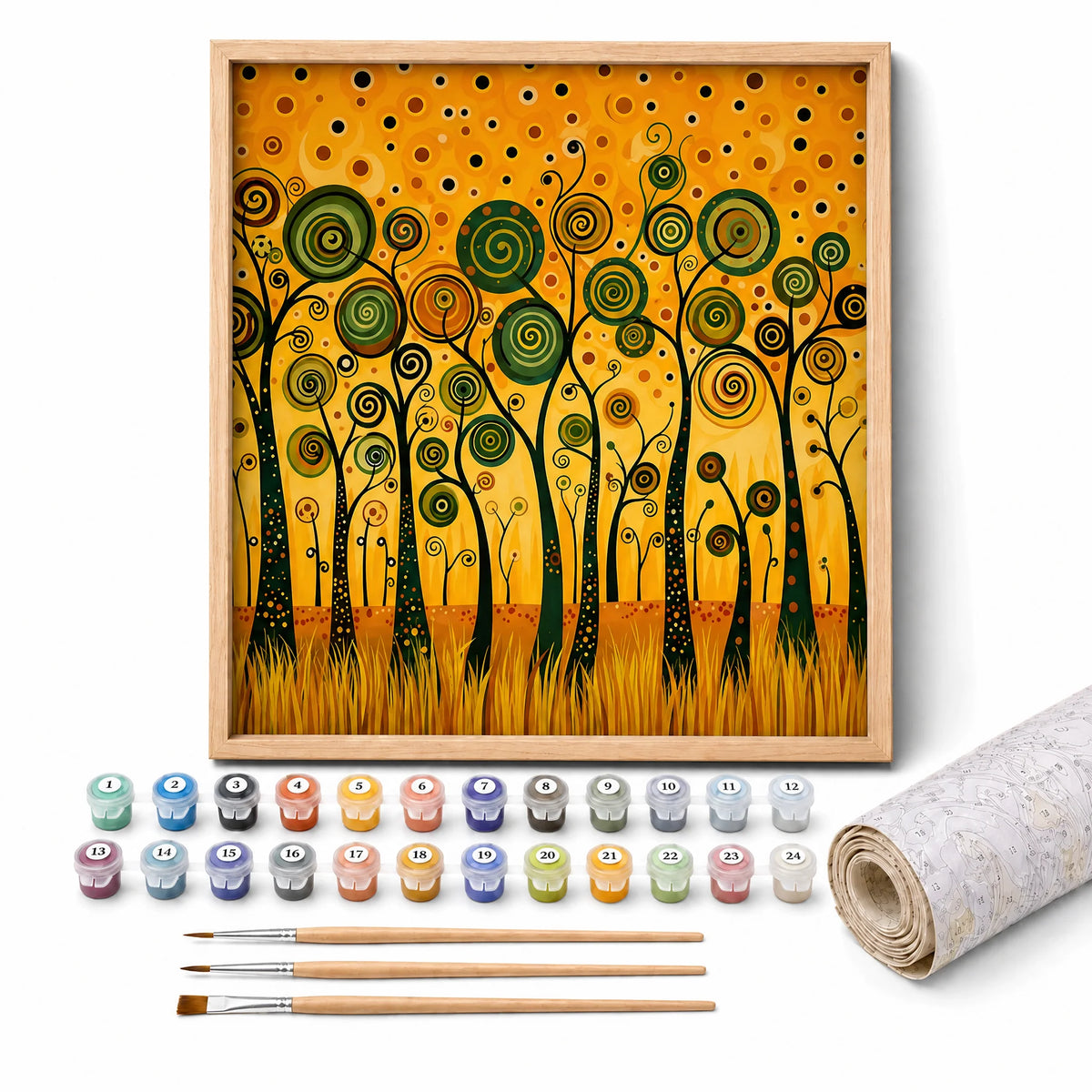 Golden Swirl Forest Paint by Numbers Kit: complete kit with framed artwork, numbered paint pots and brushes