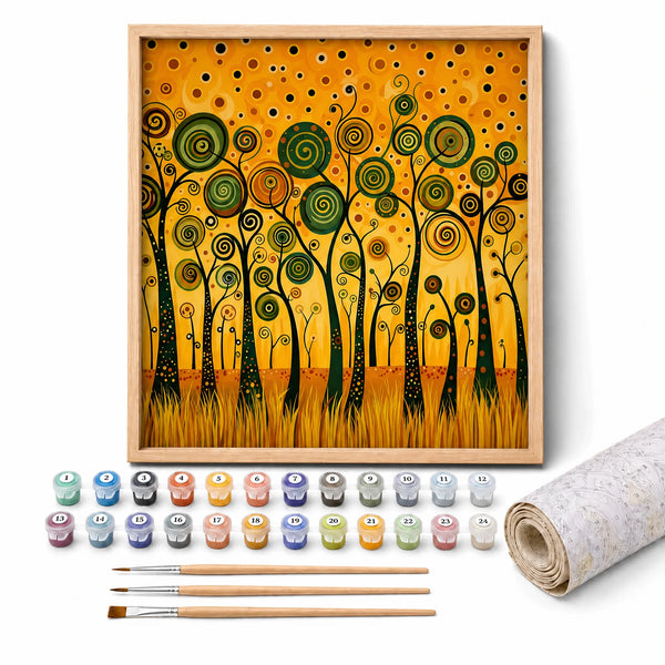Golden Swirl Forest Paint by Numbers Kit: complete kit with framed artwork, numbered paint pots and brushes