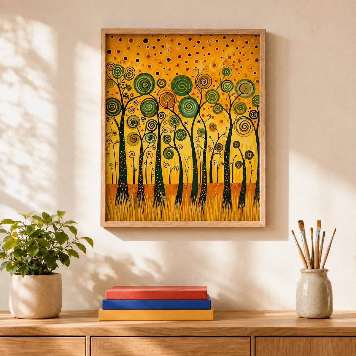 Golden Swirl Forest Paint by Numbers Kit: finished canvas displayed in a living room