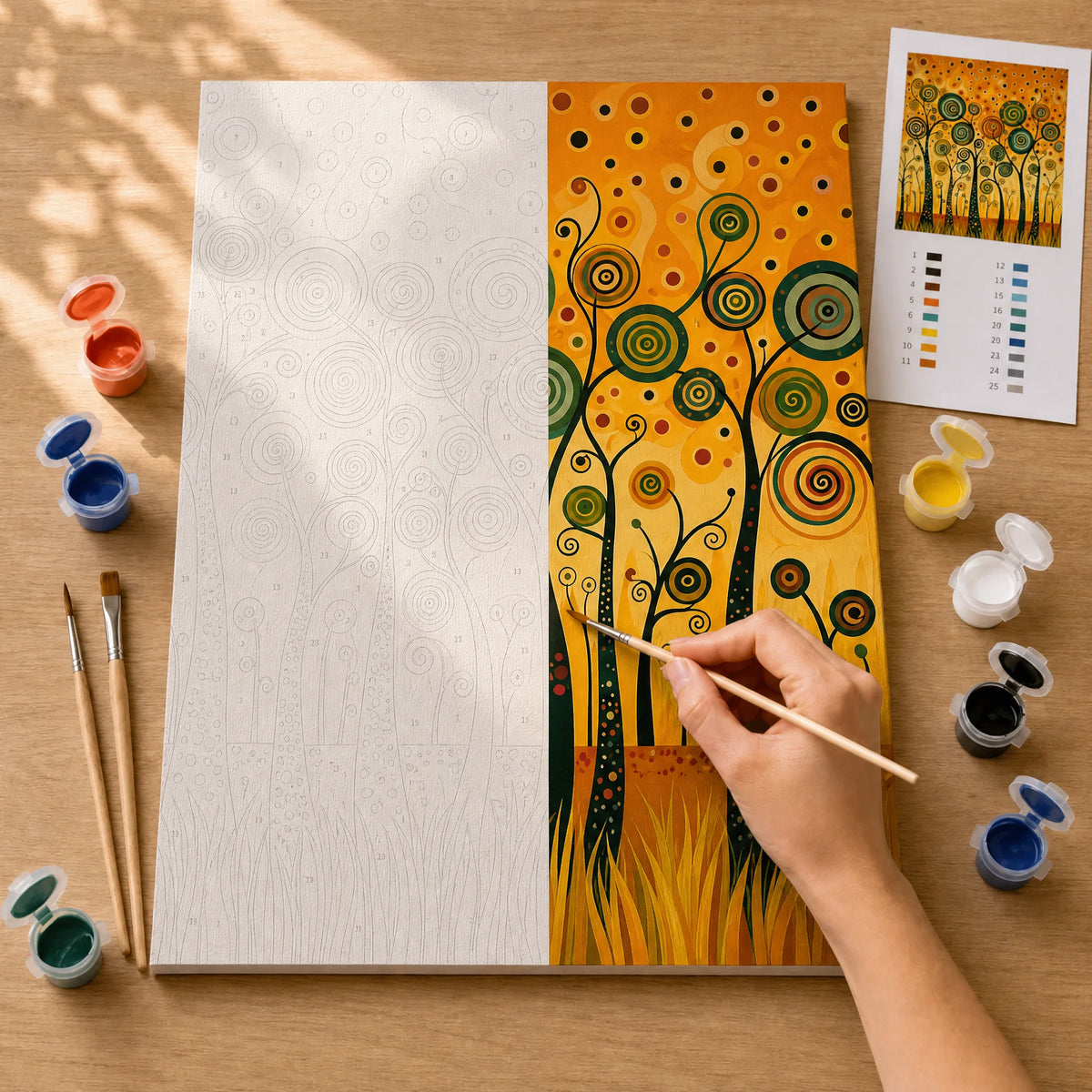 Golden Swirl Forest Paint by Numbers Kit: before and after: numbered canvas and hand painted result