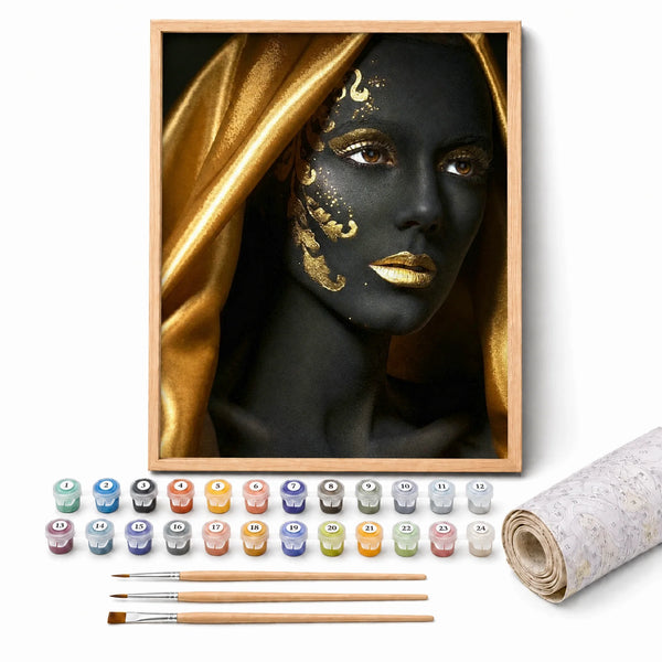 Golden Veil Paint by Numbers Kit: complete kit with framed artwork, numbered paint pots and brushes