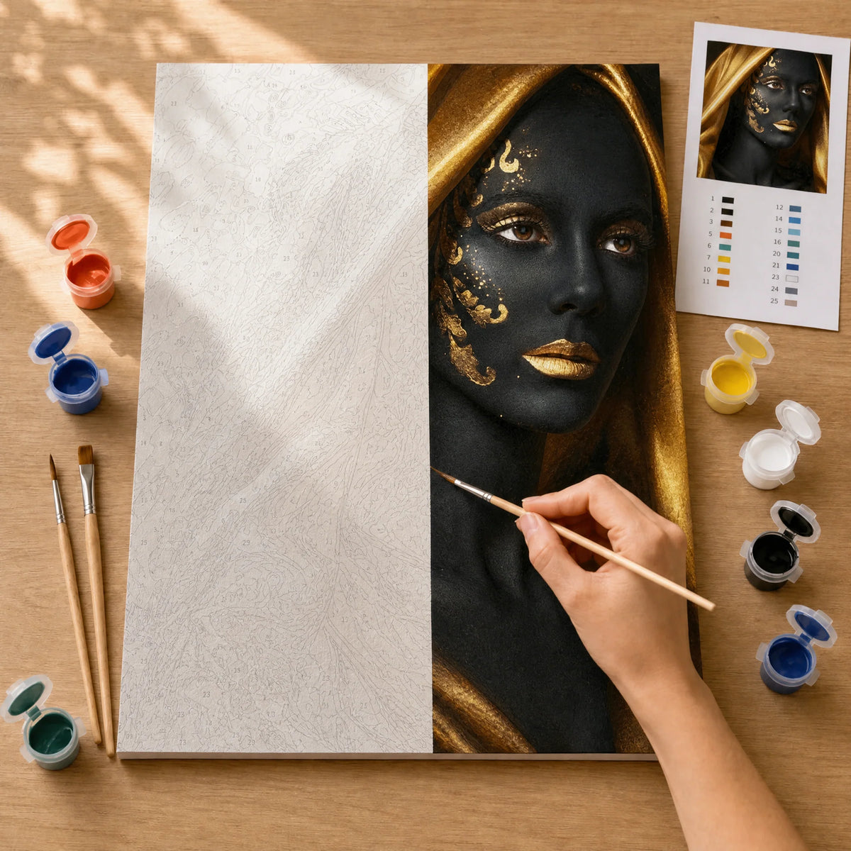 Golden Veil Paint by Numbers Kit: before and after: numbered canvas and hand painted result