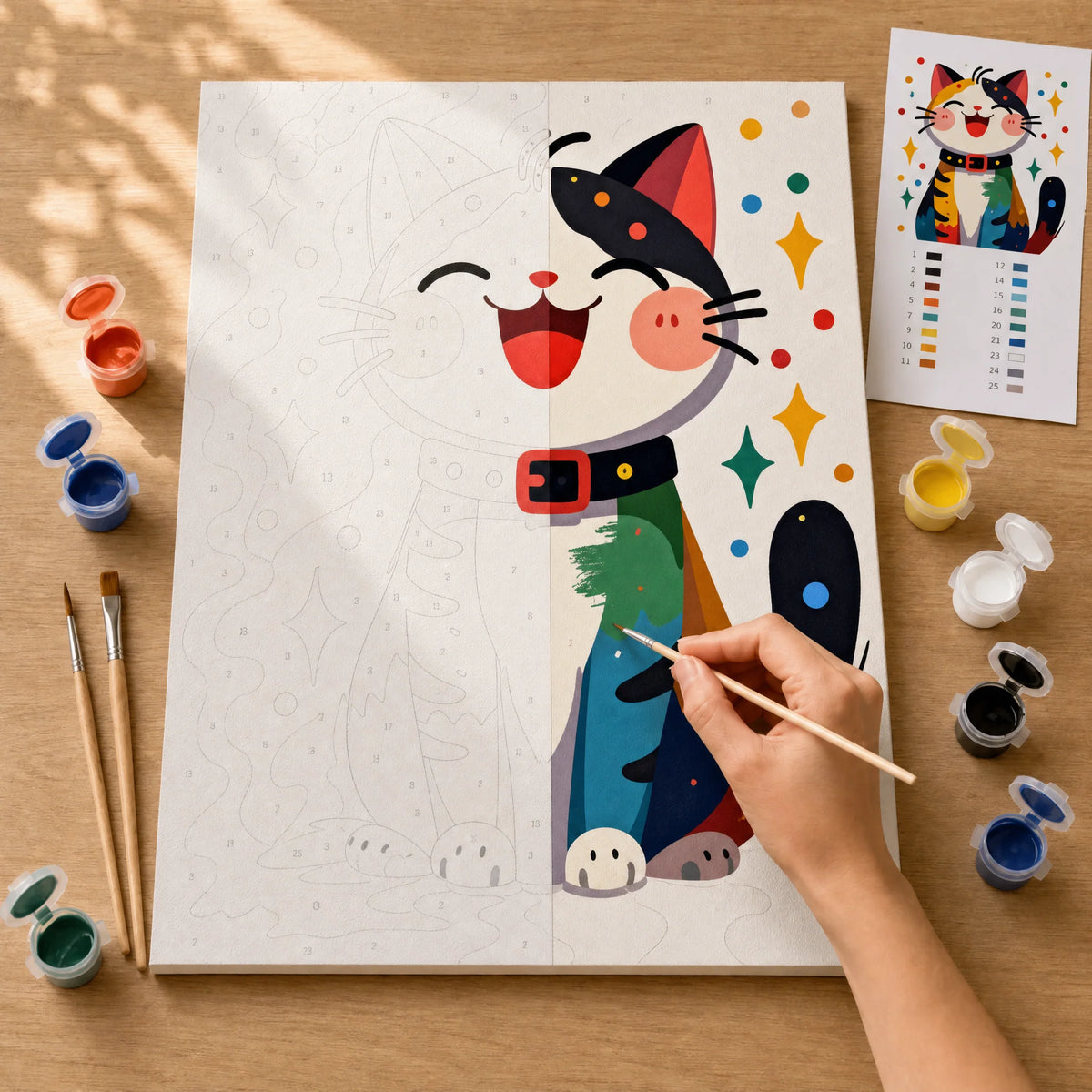 Happy Calico Paint by Numbers Kit: before and after: numbered canvas and hand painted result