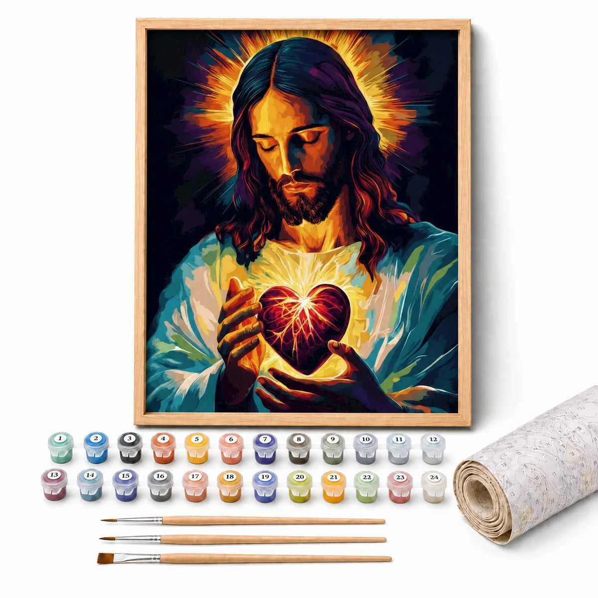 Heart of Christ Paint by Numbers Kit: complete kit with framed artwork, numbered paint pots and brushes