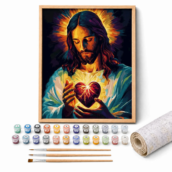 Heart of Christ Paint by Numbers Kit: complete kit with framed artwork, numbered paint pots and brushes