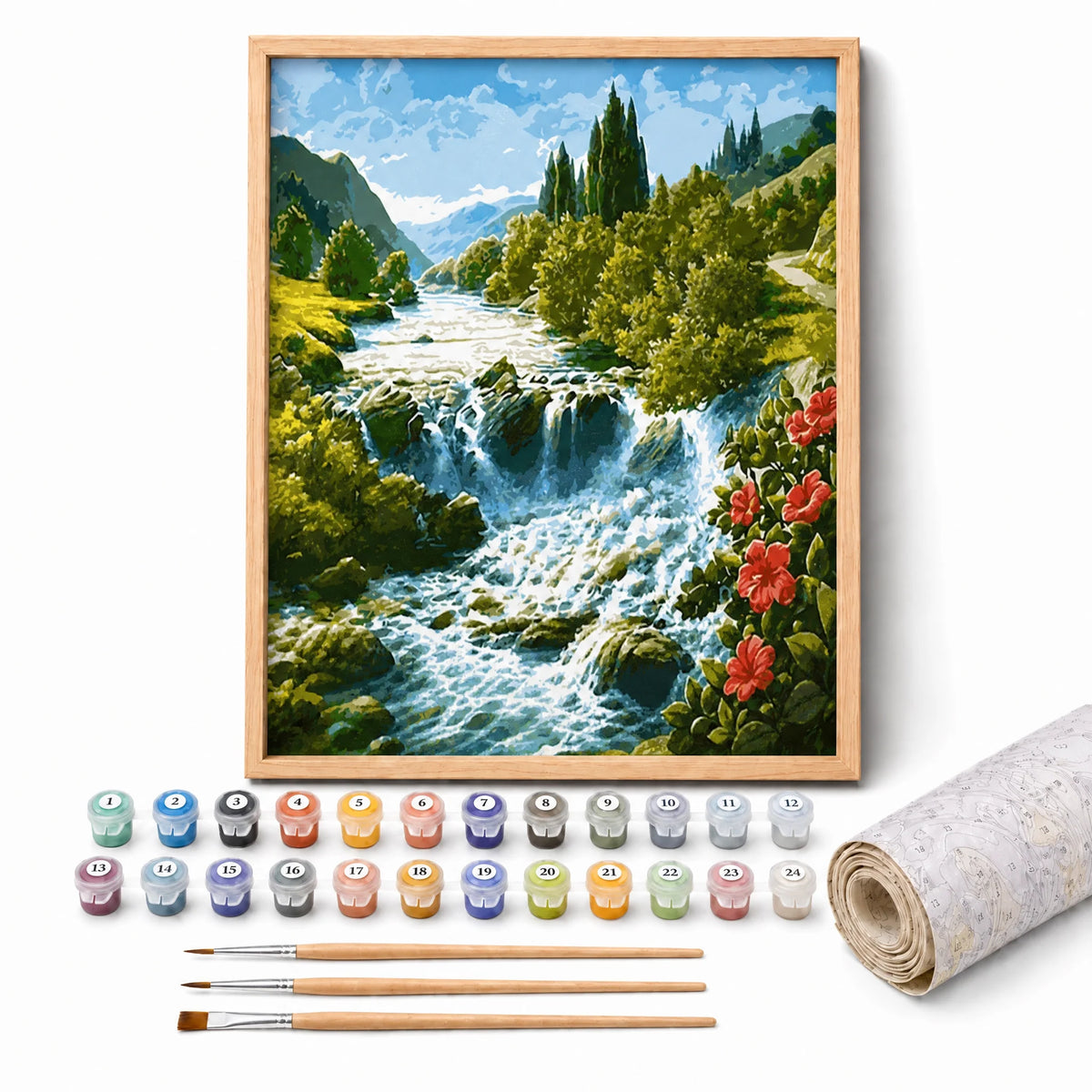 Highland Falls Paint by Numbers Kit: complete kit with framed artwork, numbered paint pots and brushes