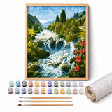 Highland Falls Paint by Numbers Kit: complete kit with framed artwork, numbered paint pots and brushes
