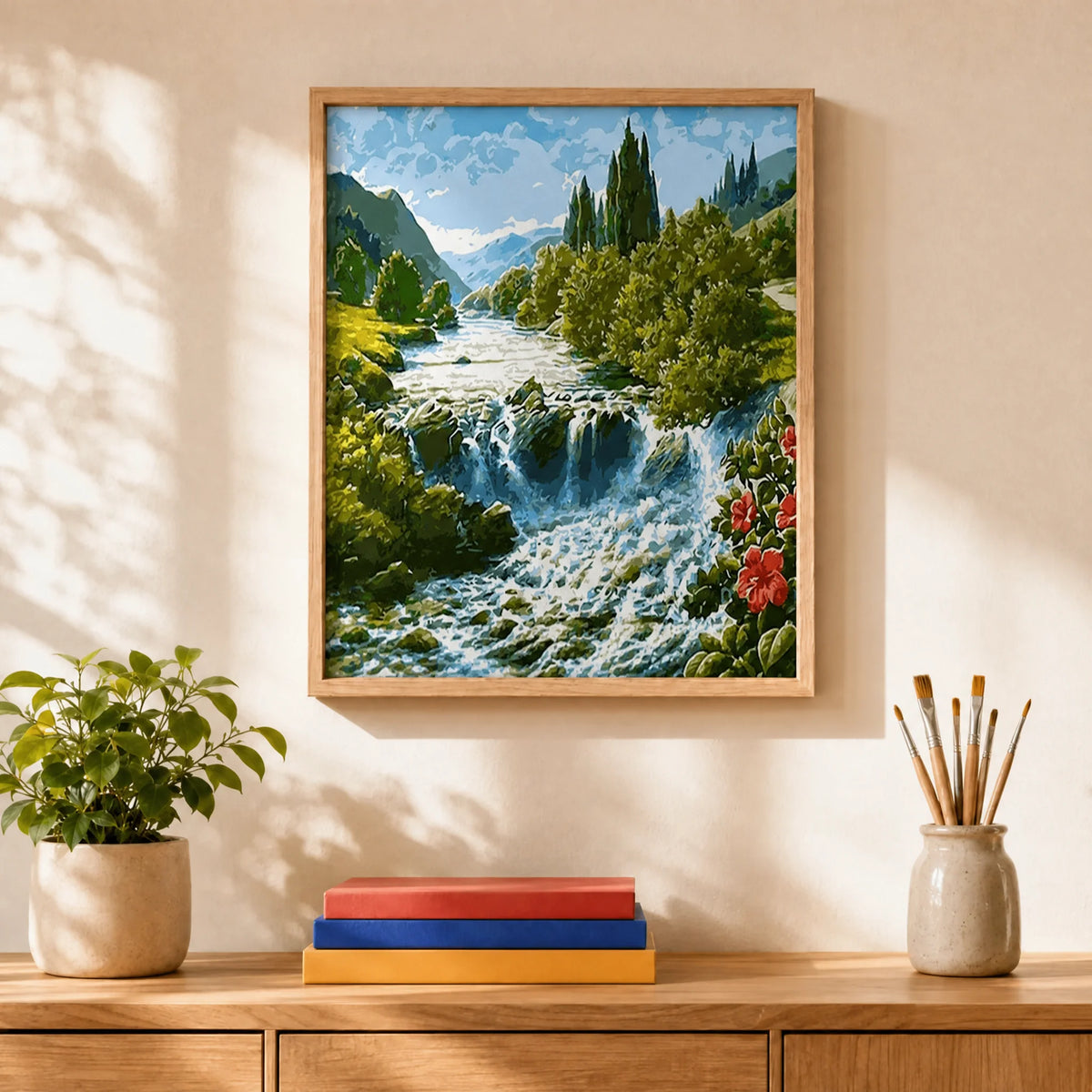 Highland Falls Paint by Numbers Kit: finished canvas displayed in a living room