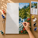 Highland Falls Paint by Numbers Kit: before and after: numbered canvas and hand painted result