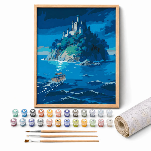 Island Castle Paint by Numbers Kit: complete kit with framed artwork, numbered paint pots and brushes