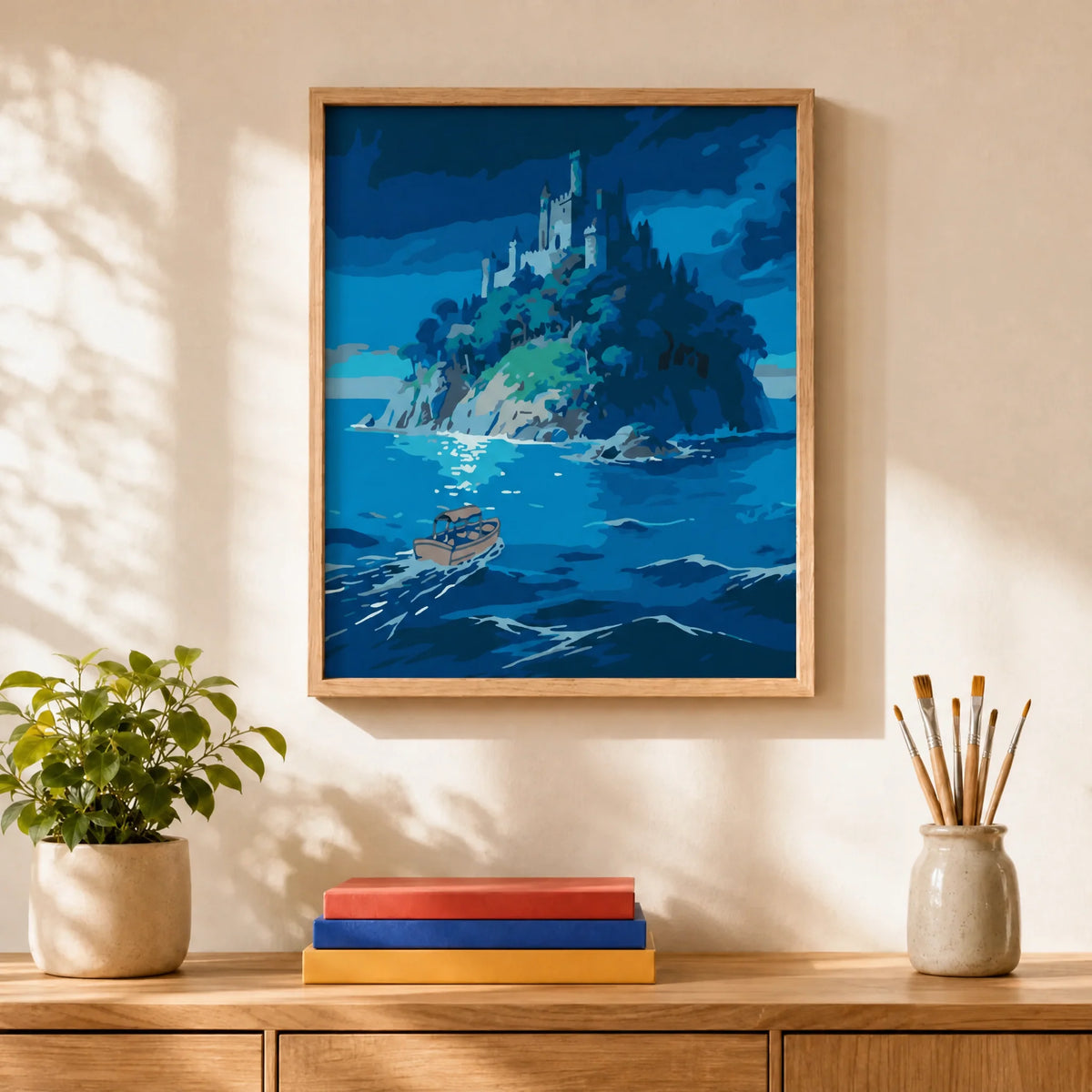 Island Castle Paint by Numbers Kit: finished canvas displayed in a living room