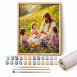 Jesus with Children Paint by Numbers Kit: complete kit with framed artwork, numbered paint pots and brushes