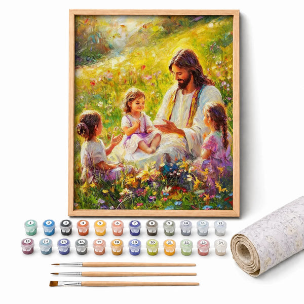 Jesus with Children Paint by Numbers Kit: complete kit with framed artwork, numbered paint pots and brushes