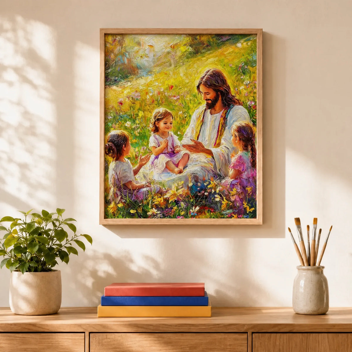 Jesus with Children Paint by Numbers Kit: finished canvas displayed in a living room