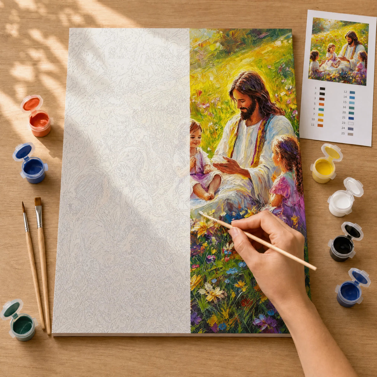 Jesus with Children Paint by Numbers Kit: before and after: numbered canvas and hand painted result