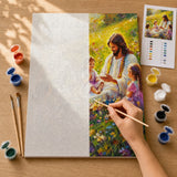 Jesus with Children Paint by Numbers Kit: before and after: numbered canvas and hand painted result
