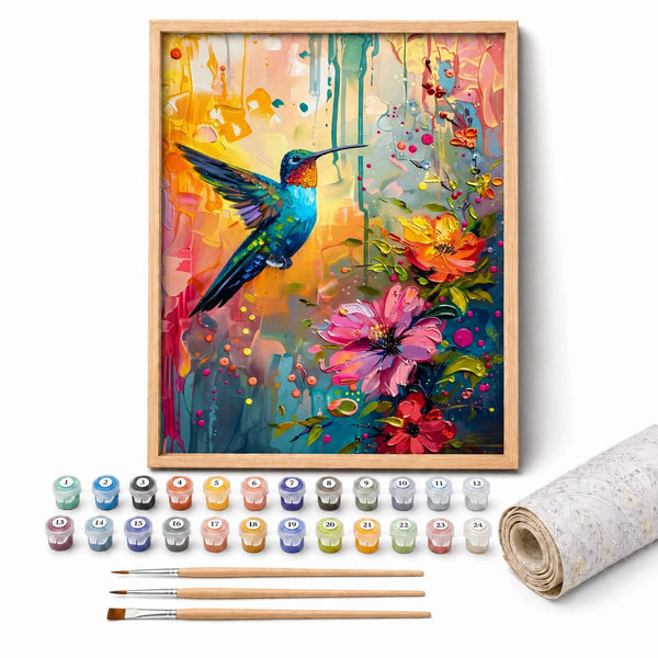 Jewel Hummingbird Paint by Numbers Kit: complete kit with framed artwork, numbered paint pots and brushes