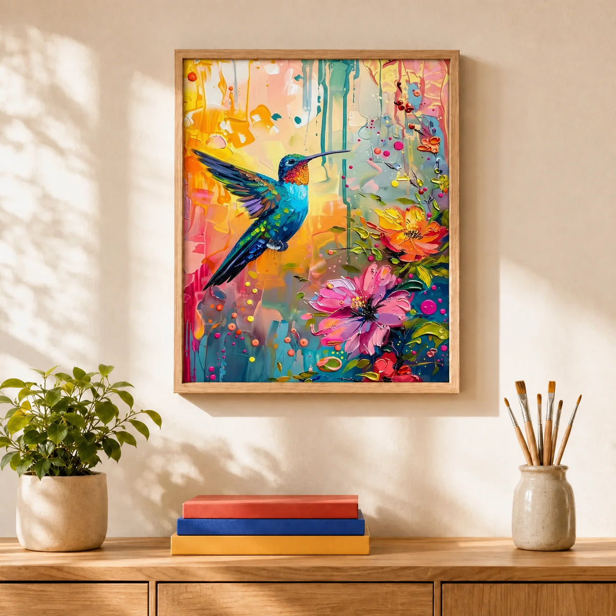 Jewel Hummingbird Paint by Numbers Kit: finished canvas displayed in a living room