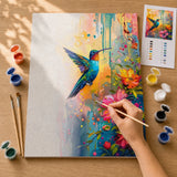 Jewel Hummingbird Paint by Numbers Kit: before and after: numbered canvas and hand painted result