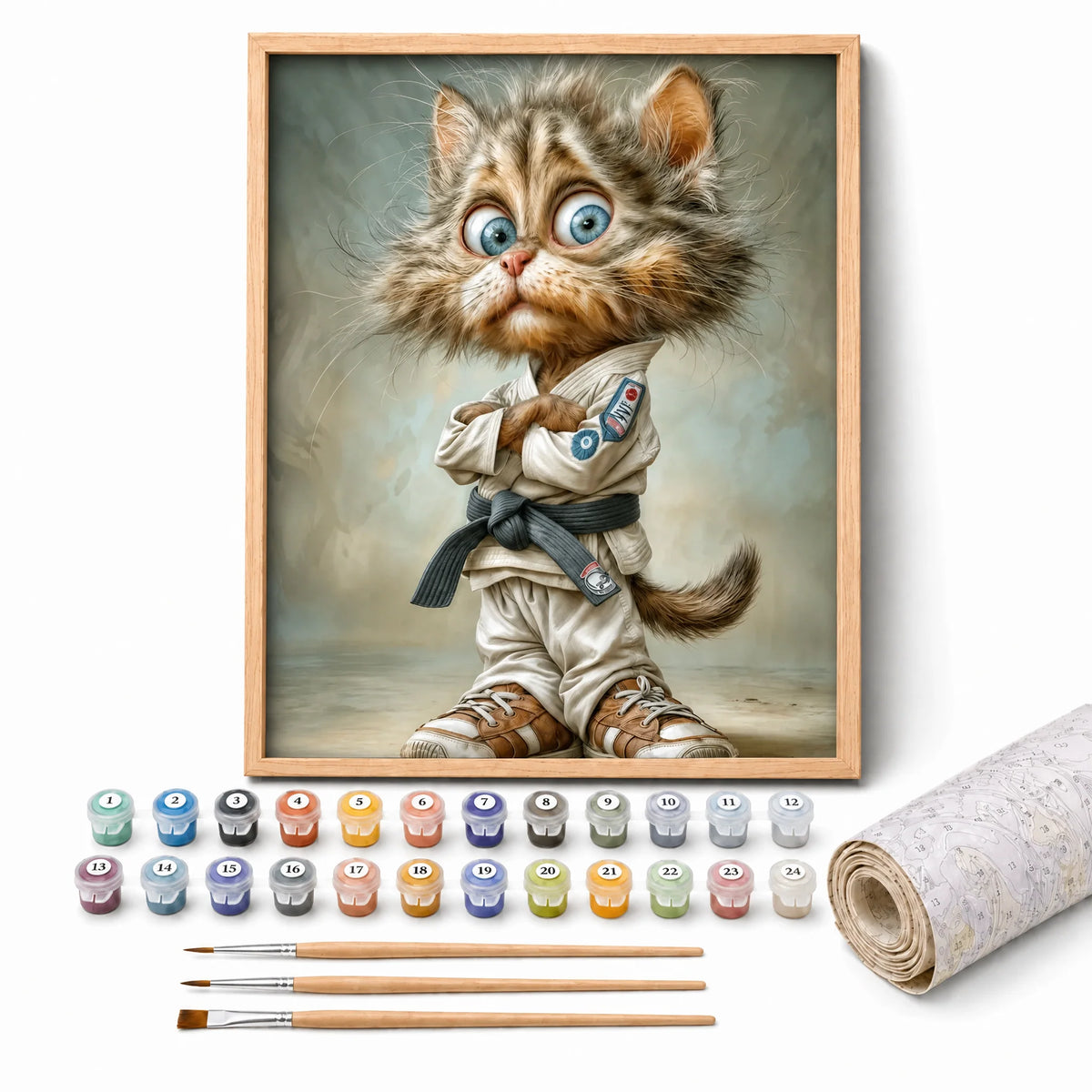 Karate Kitten Paint by Numbers Kit: complete kit with framed artwork, numbered paint pots and brushes