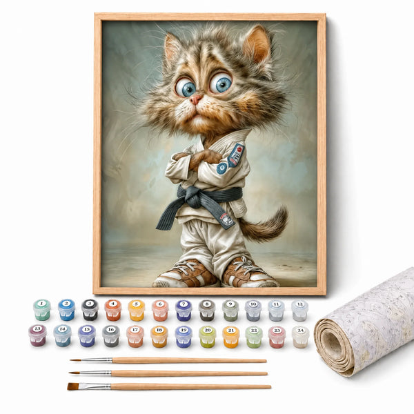 Karate Kitten Paint by Numbers Kit: complete kit with framed artwork, numbered paint pots and brushes