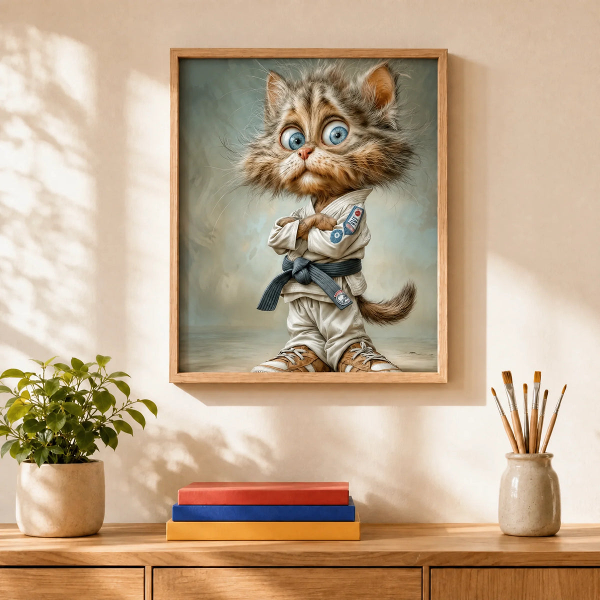 Karate Kitten Paint by Numbers Kit: finished canvas displayed in a living room