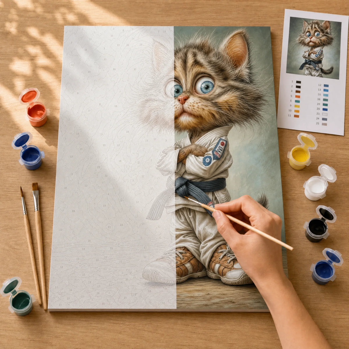 Karate Kitten Paint by Numbers Kit: before and after: numbered canvas and hand painted result