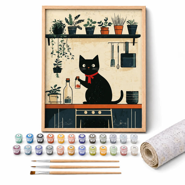 Kitchen Cat Paint by Numbers Kit: complete kit with framed artwork, numbered paint pots and brushes