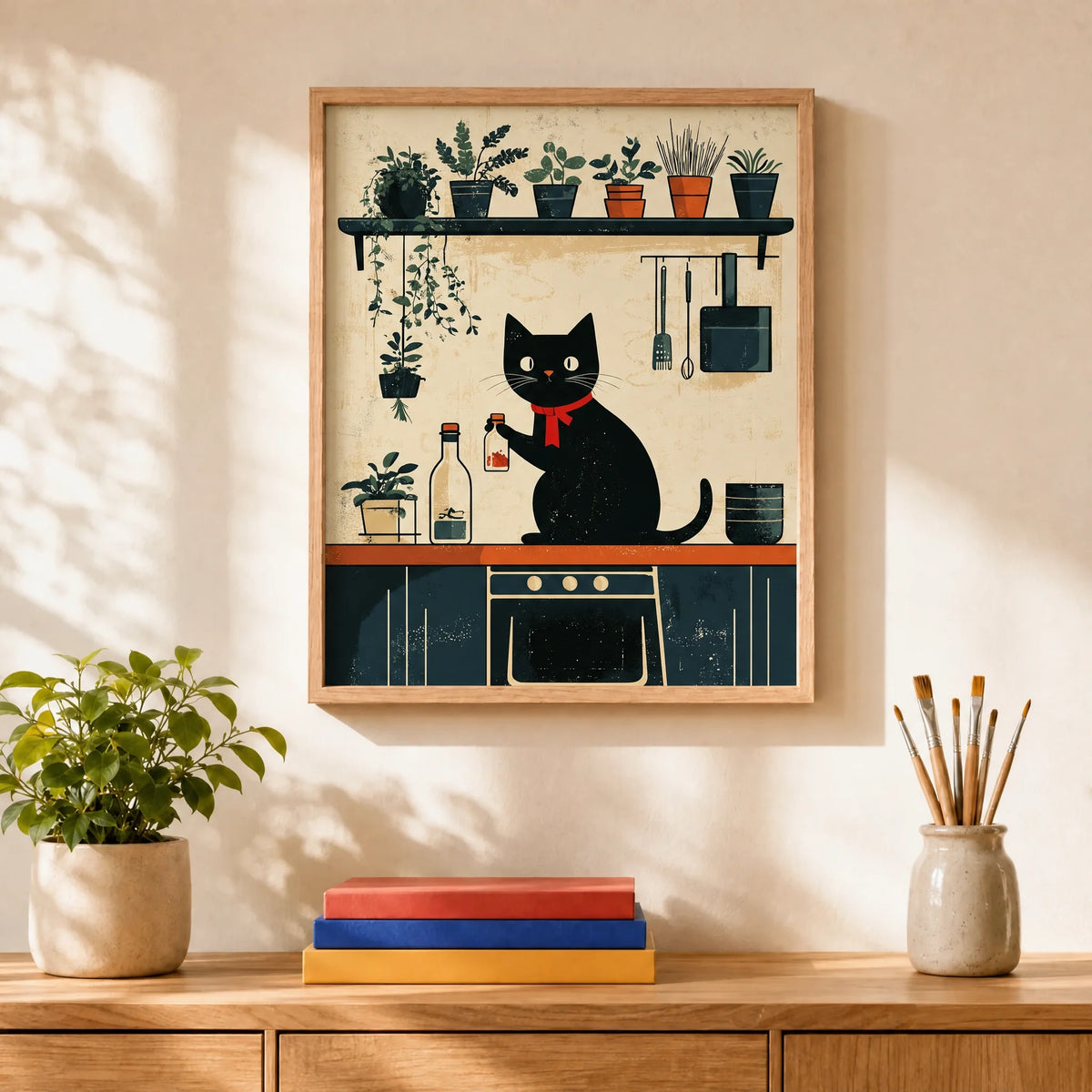 Kitchen Cat Paint by Numbers Kit: finished canvas displayed in a living room