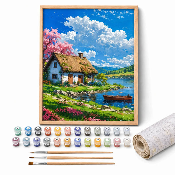 Lakeside Cottage Paint by Numbers Kit: complete kit with framed artwork, numbered paint pots and brushes