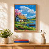 Lakeside Cottage Paint by Numbers Kit: finished canvas displayed in a living room