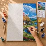 Lakeside Cottage Paint by Numbers Kit: before and after: numbered canvas and hand painted result