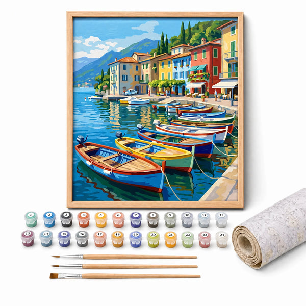Lakeside Village Paint by Numbers Kit: complete kit with framed artwork, numbered paint pots and brushes